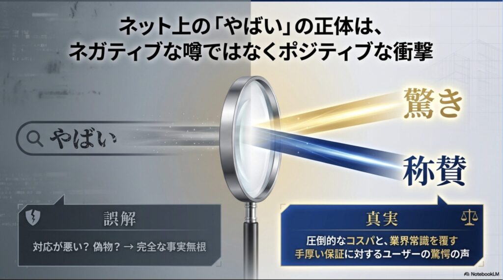 ネット上の「やばい」という言葉の正体は、ネガティブな噂ではなくポジティブな驚きや称賛であることを示す図解