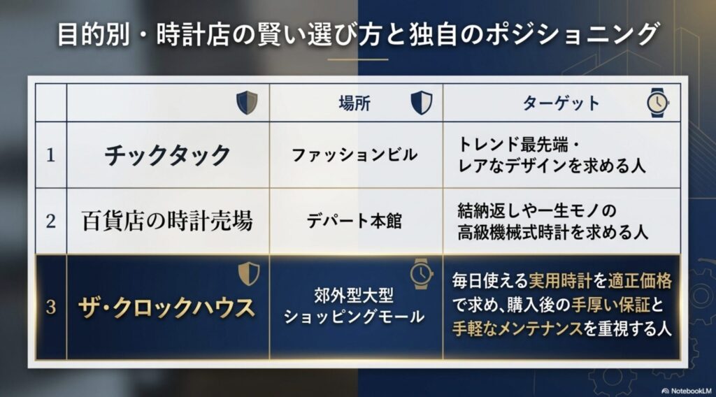 チックタック、百貨店の時計売場、ザ・クロックハウスのターゲット層と特徴を比較した図