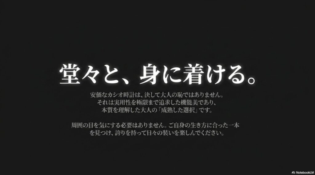 「安価なカシオ時計は決して大人の恥ではなく、実用性を極限まで追求した機能美であり、本質を理解した大人の成熟した選択である」というメッセージ図 。周囲の目を気にせず、ご自身の生き方に合った一本を誇りを持って楽しむことを後押しするまとめのスライド 。