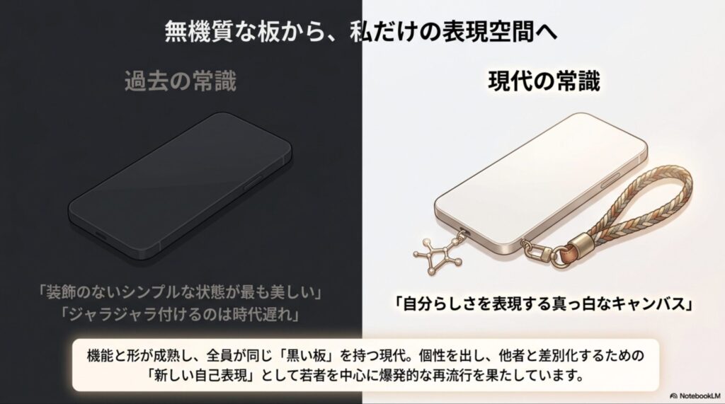 過去の「シンプルな状態が美しい」という常識から、現代の「自分らしさを表現するキャンバス」への変化、およびY2K文化・推し活・実用性の3つの軸からなる2026年以降の新常識をまとめたスライド画像。